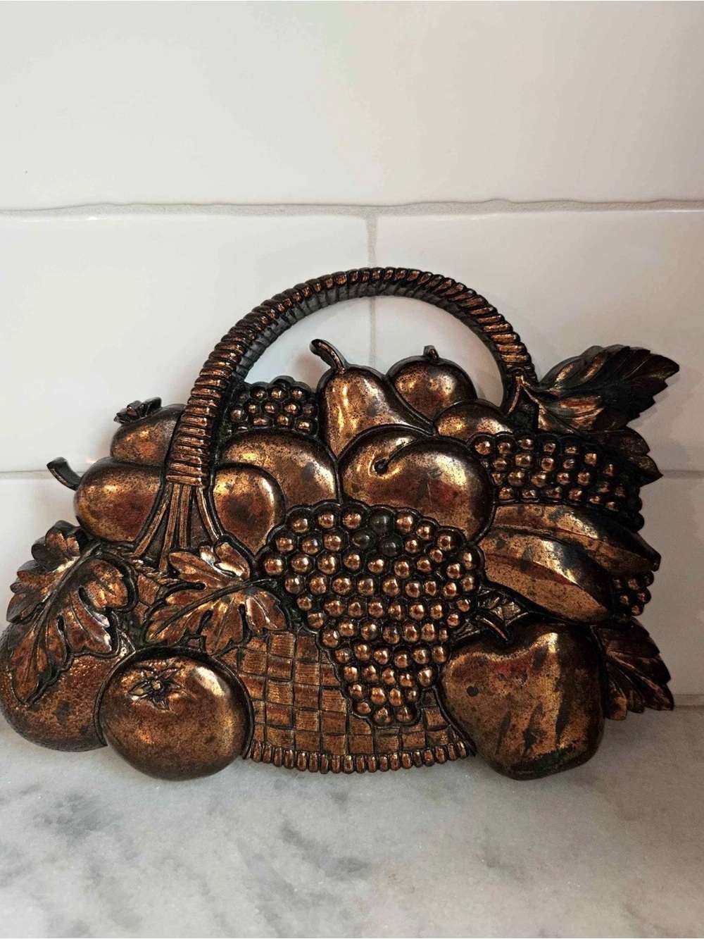 Vintage Decorative Copper-Tone Fruit Basket Wall Accent